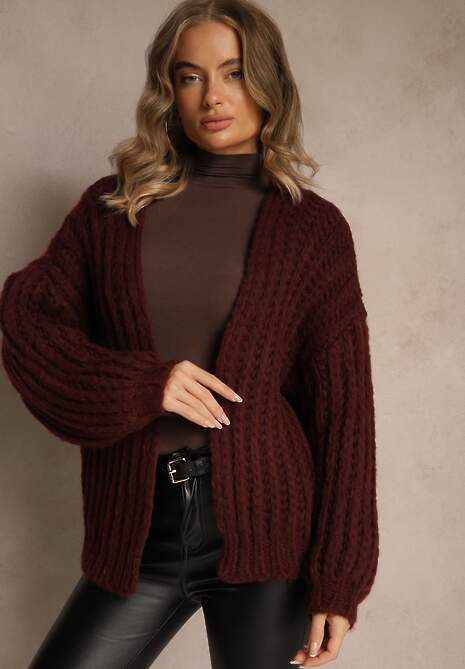 Bordowy Oversizowy Kardigan Bez Zapięć z Dodatkiem Wełny i Wiskozy Titanesa