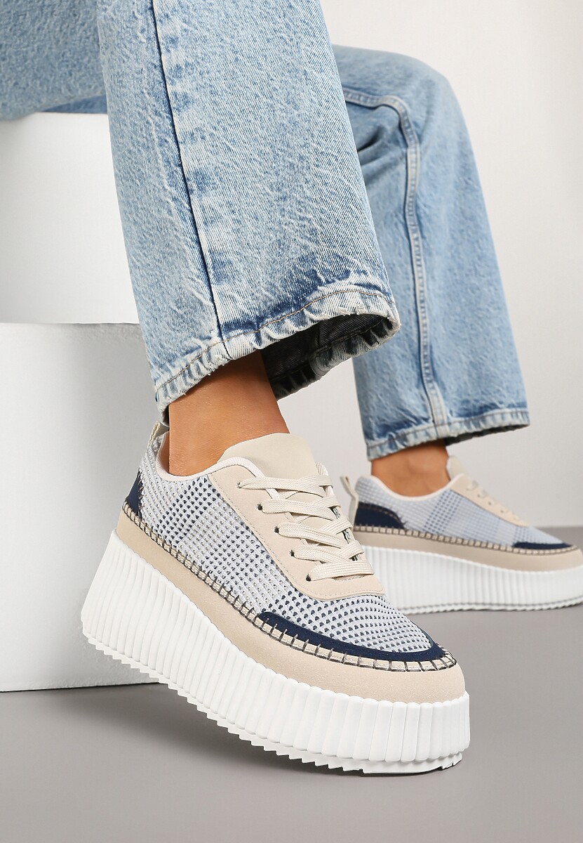 Różowo-Niebieskie Sneakersy na Tłoczonej Platformie z Ozdobnymi Przeszyciami Faloviela