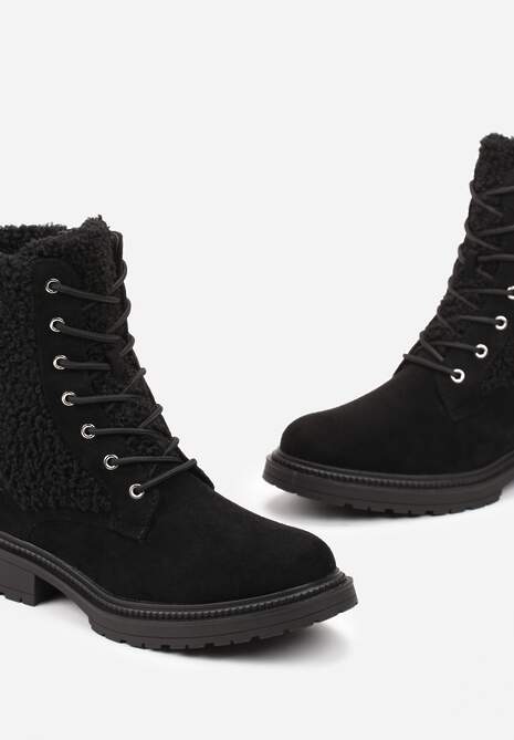 Czarne Botki Workery z Ozdobnym Futerkiem Sinuas