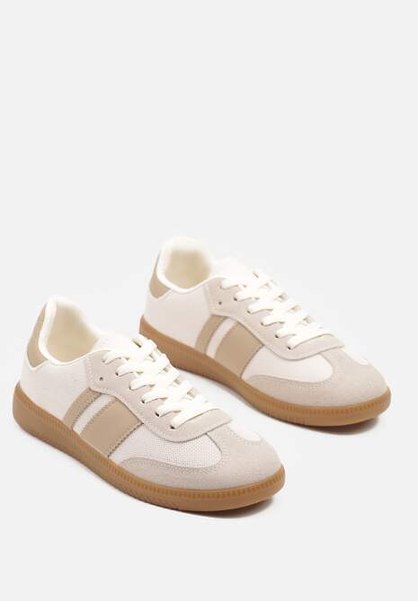 Beżowe Sneakersy na Kauczukowej Podeszwie Ozdobione Paskami Emidi