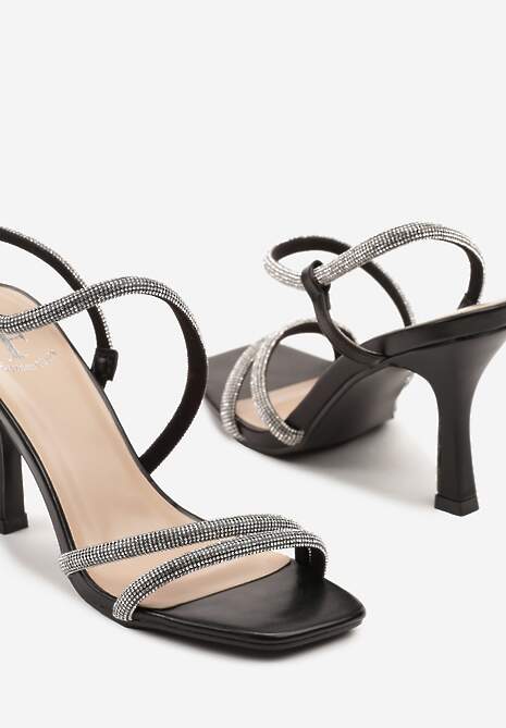 Czarne Sandały  na Szpilce Ozdobione Cyrkoniami Dennilsa