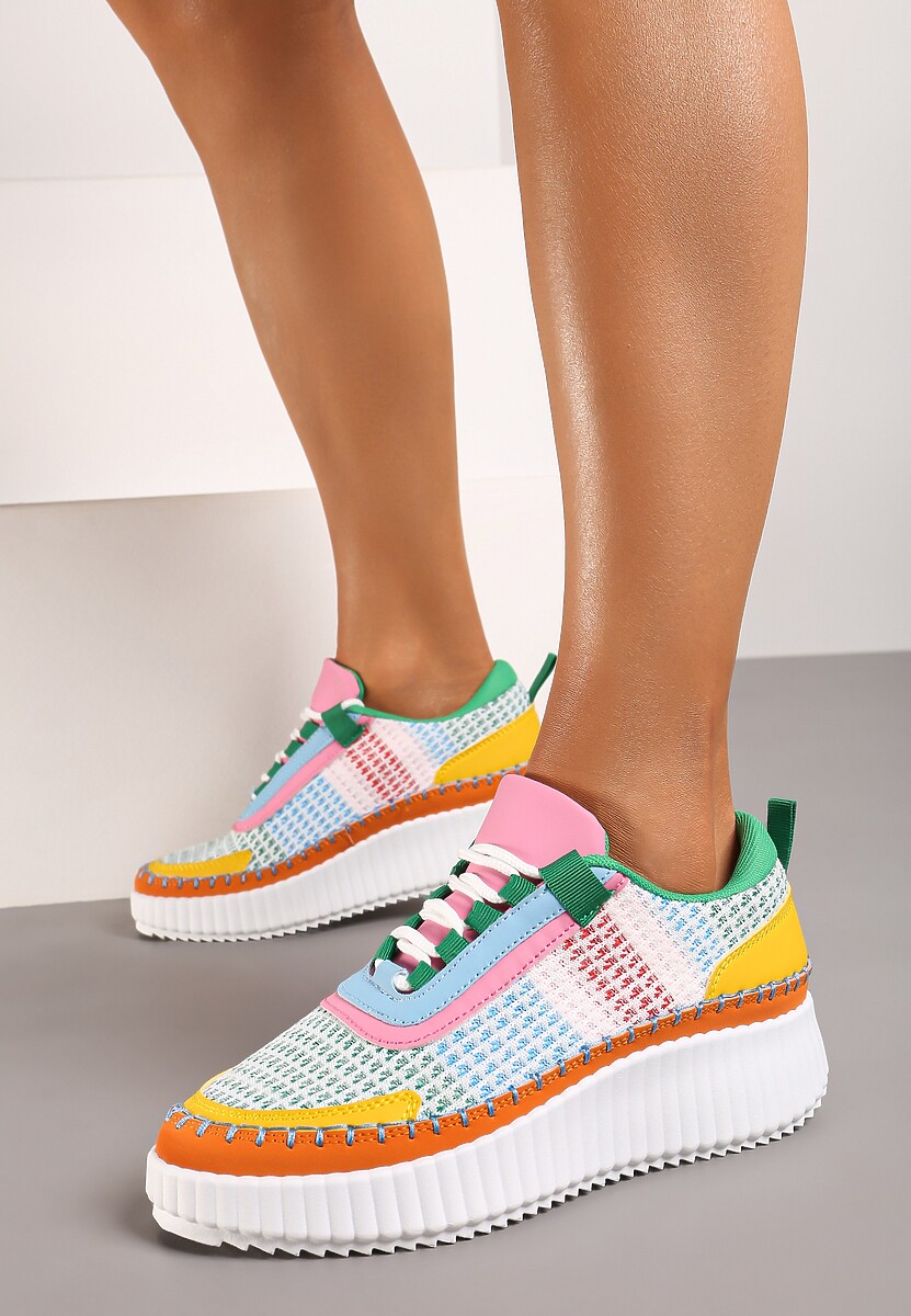 Zielono-Pomarańczowe Sznurowane Sneakersy na Grubej Podeszwie do Kostki Pasapia