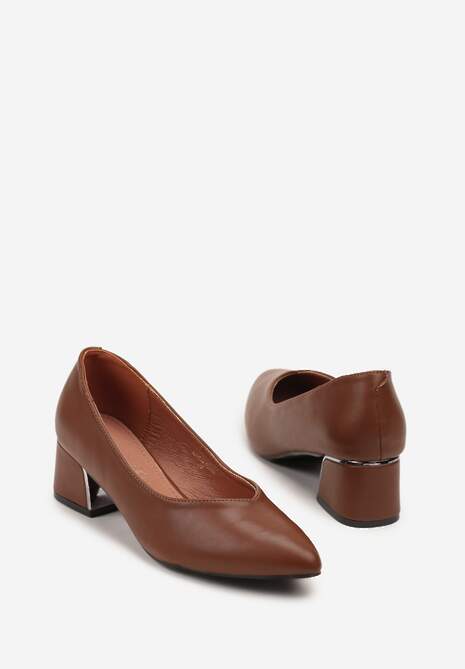 Brązowe Czółenka Vices na Słupku z Wkładką ze Skóry Naturalnej z Metaliczną Ozdobą Mixin