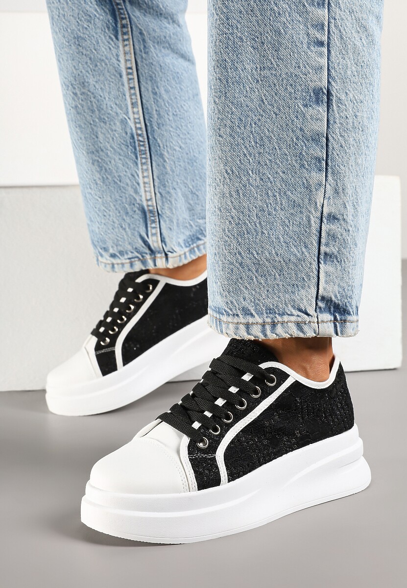 Czarno-Białe Sneakersy na Platformie z Koronkową Cholewką Falendriela