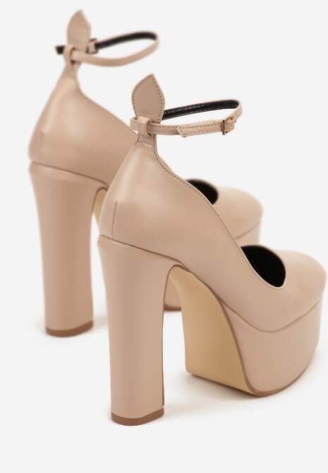 Beżowe Czółenka na Słupku i Platformie w Klasycznym Stylu Zapinane Wokół Kostki Ligelia