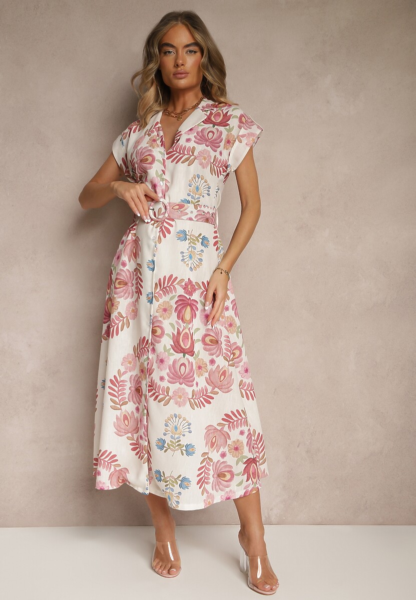 Żółta Koszulowa Sukienka z Wiskozą z Dodatkowym Paskiem Nitapinia