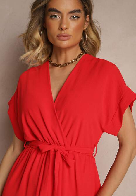 Czerwona Rozkloszowana Sukienka z Gumką w Talii i Wiązaniem Sepenira