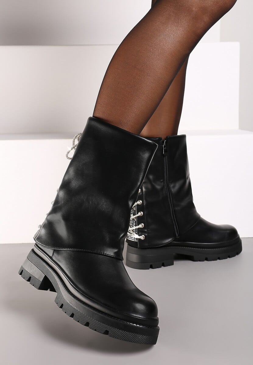 Czarne Botki z Cyrkoniami Wiązane z Tyłu Tariena