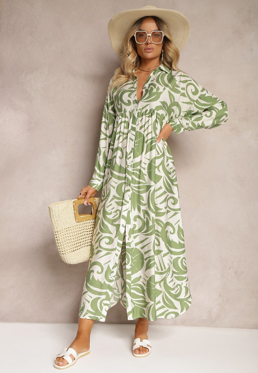 Biało-Fioletowa Rozkloszowana Sukienka w Kroju Szmizjerki z Zapięciem na Guziki i Falbanką Kelloena