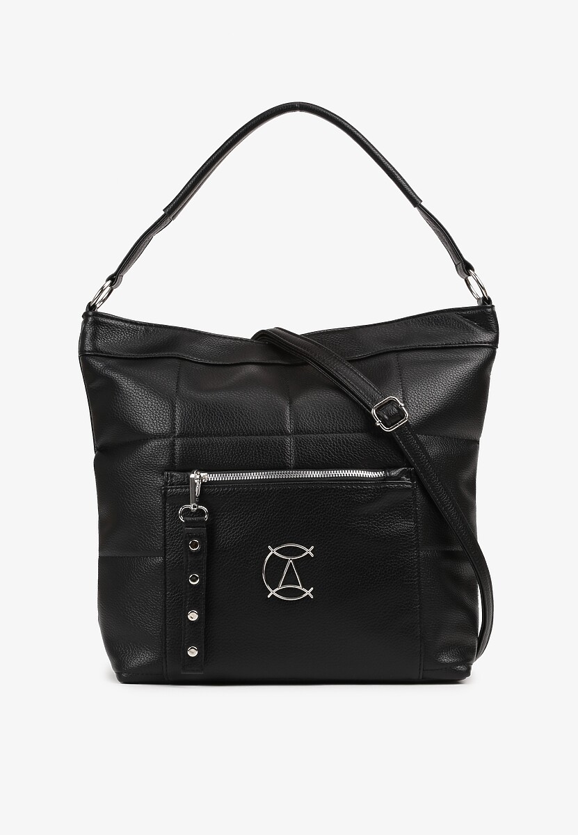 Czarna Pikowana Torebka w Stylu Shopperki z Metaliczną Ozdobą Lanovara