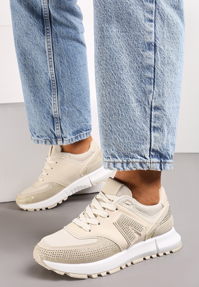 Beżowe Sneakersy Ozdobione Cyrkoniami na Podeszwie z Wycięciami Larzive