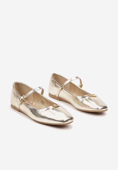 Złote Balerinki na Płaskiej Podeszwie z Paskiem i Metaliczną Aplikacją 3D Fenaria