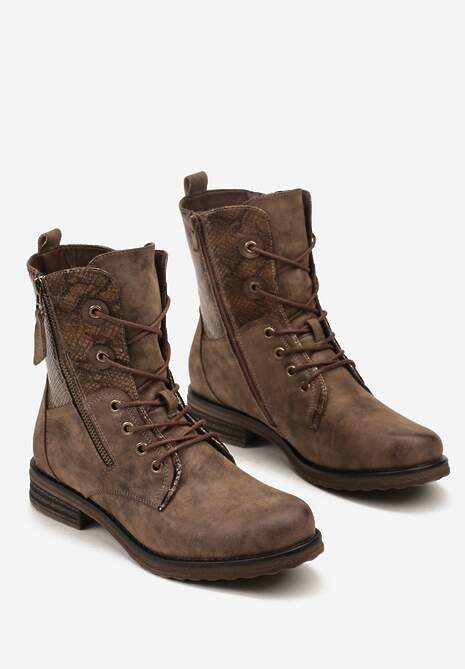 Brązowe Botki w Stylu Workerów z Ozdobnym Suwakiem i Wężową Wstawką Vemalora