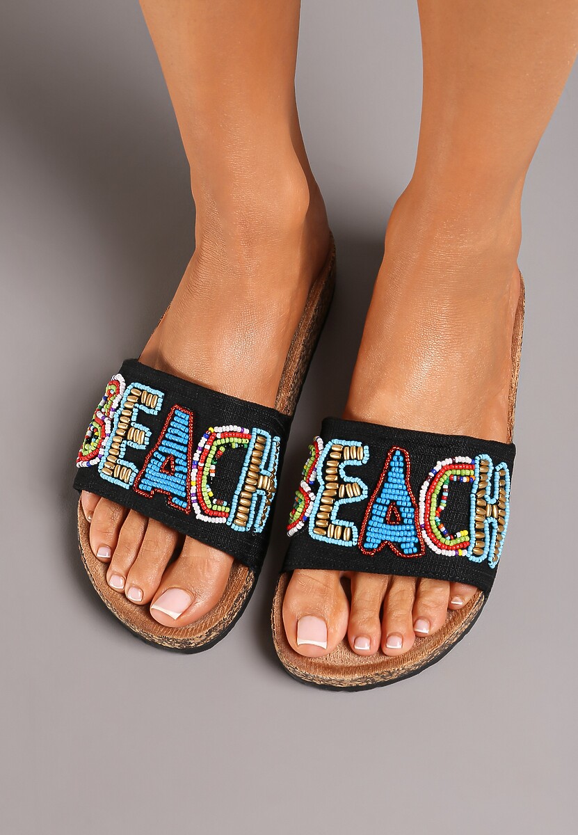 Czarne Klapki na Płaskiej Korkowej Podeszwie z Ozdobnym Napisem Cedemia