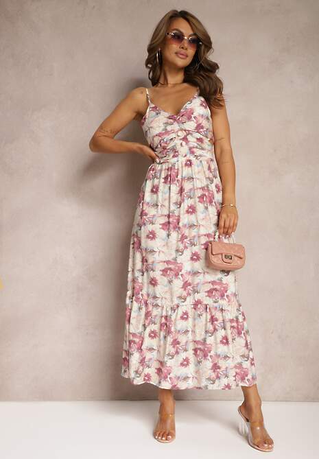 Jasnofioletowa Rozkloszowana Sukienka na Ramiączkach z Rozcięciami Ozdobiona Guzikami Dimline