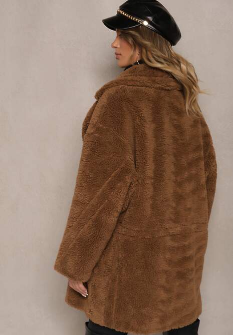 Brązowa Kurtka Futerko w Stylu Teddy Ściągane w Talii Enarithiel