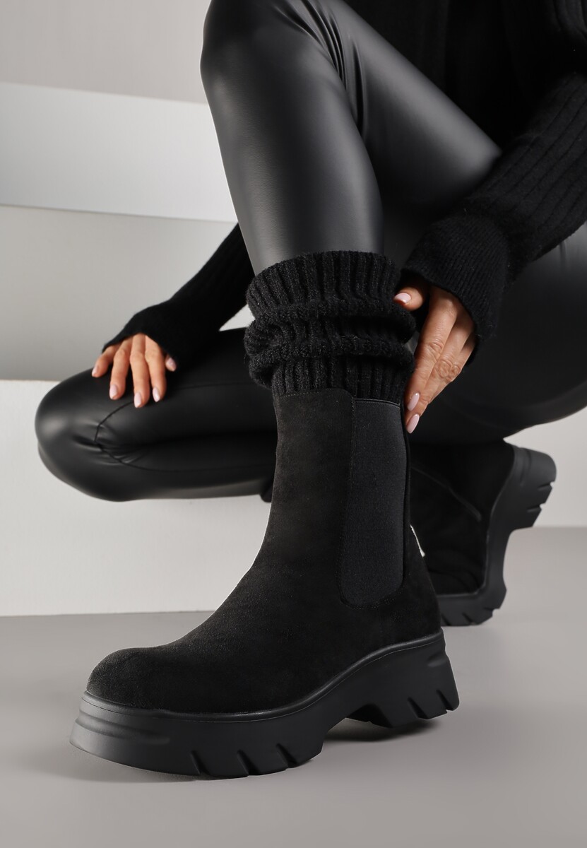 Czarne Botki Sztyblety na Platformie z Elastyczną Cholewką Mavita