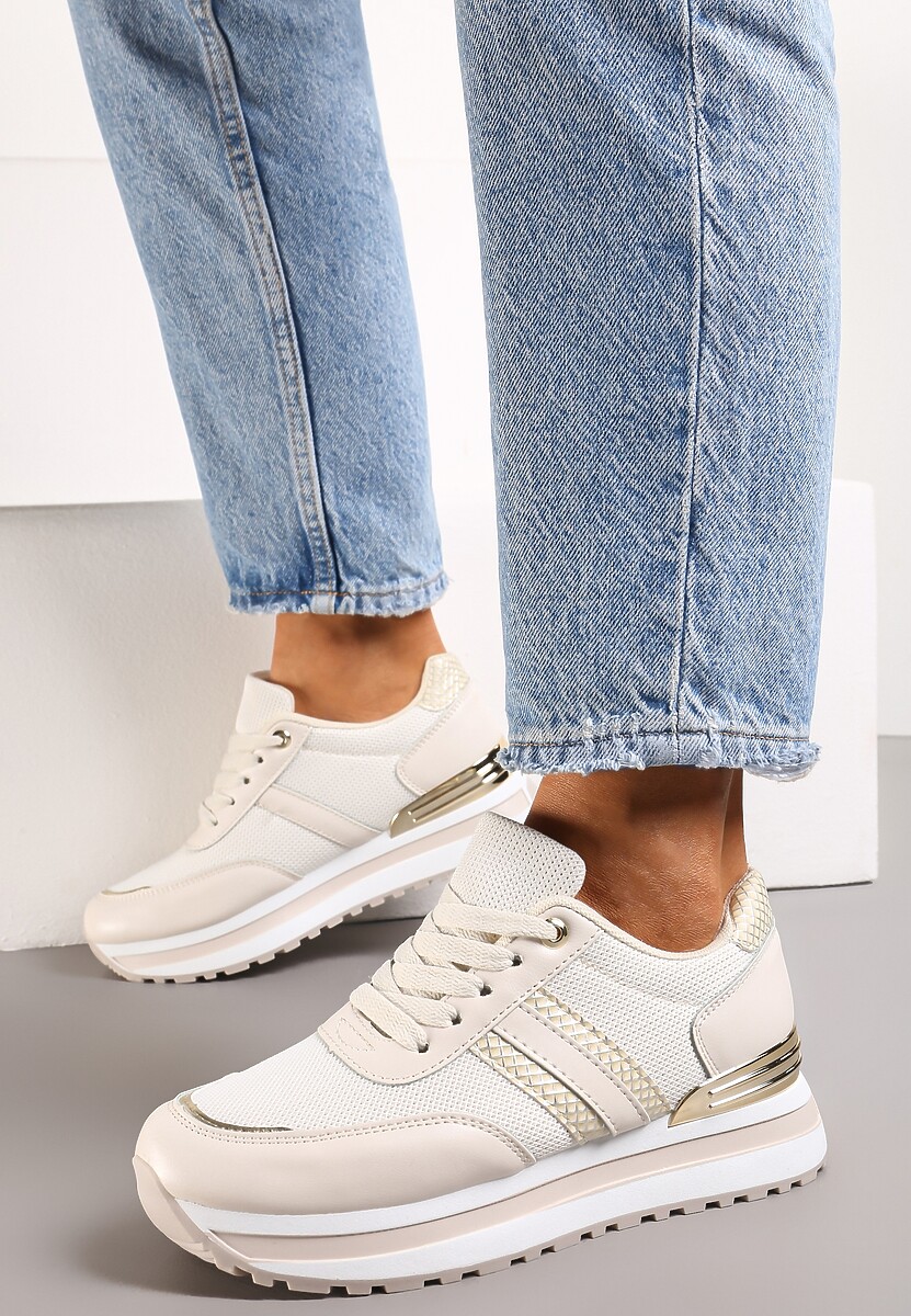 Beżowe Sneakersy na Podeszwie w Paski z Metalicznymi Wstawkami i Siateczką Silenalo