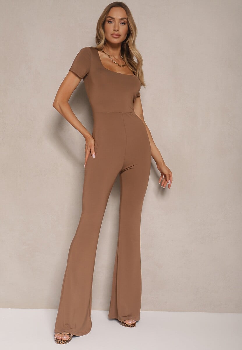 Czarny Kombinezon z Wiskozą z Krótkim Rękawem i Nogawkami Flare Calhira