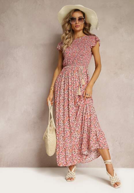 Różowa Rozkloszowana Sukienka z Wiskozy w Kwiaty Evanitte