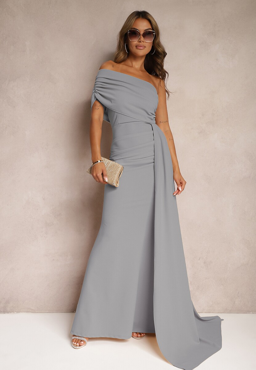 Jasnoszara Sukienka Maxi bez Ramiączek z Ozdobnym Trenem i Marszczeniem Kaliel