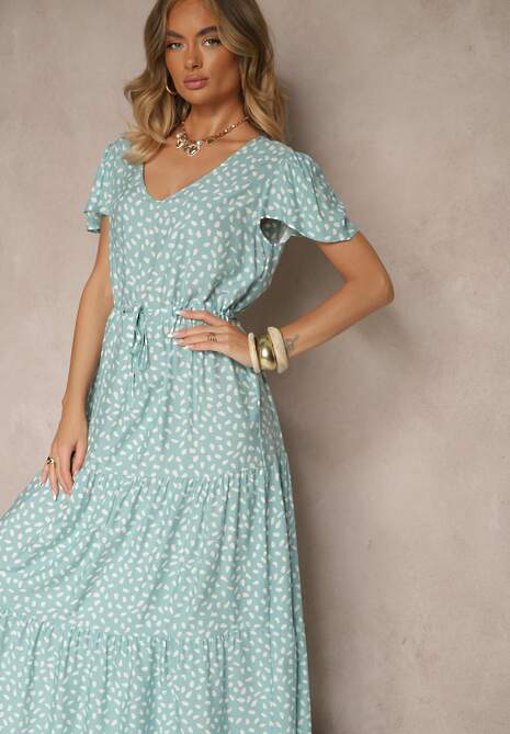 Jasnoniebieska Rozkloszowana Sukienka z Bawełną i Geometrycznym Motywem Mevelaia