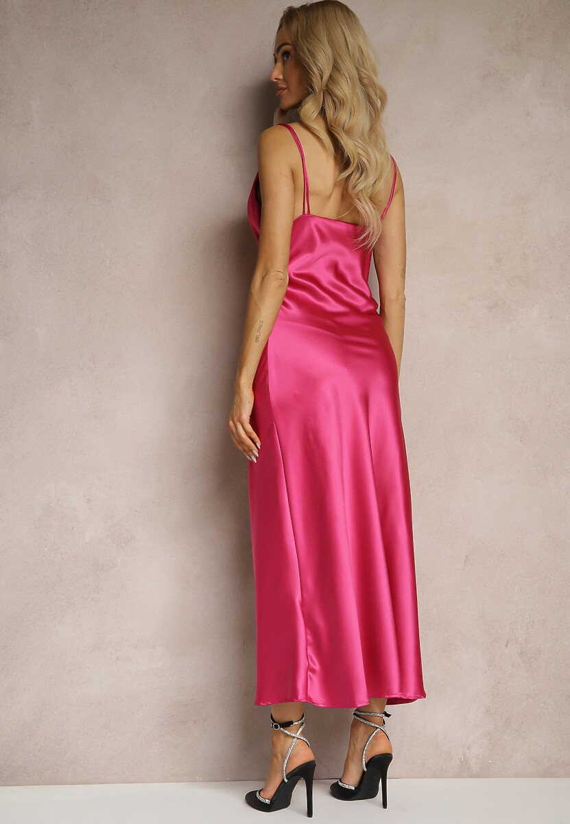 Fuksjowa Satynowa Sukienka Ozdobiona Cyrkoniami i Lejącym Dekoltem Mesalttia