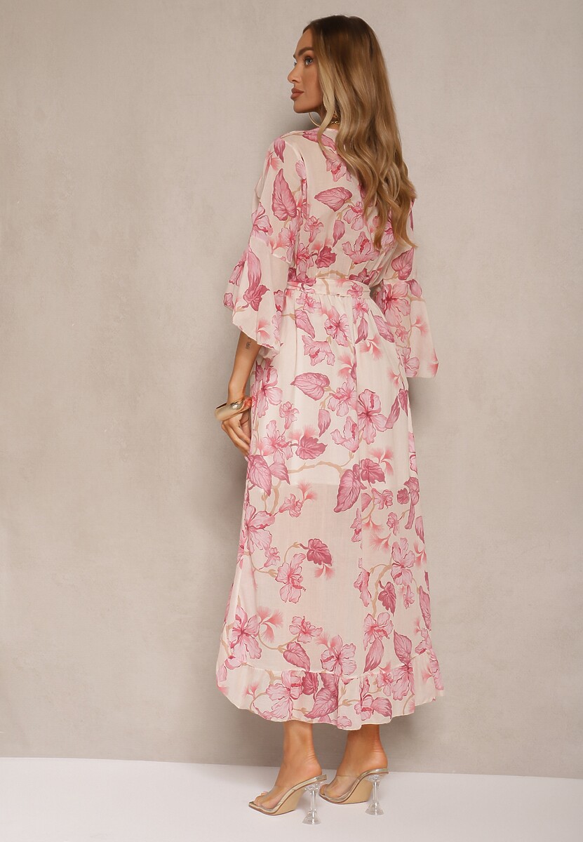 Różowa Asymetryczna Sukienka z Bawełny z Kopertowym Dekoltem i Wiązanym Paskiem Nitilira