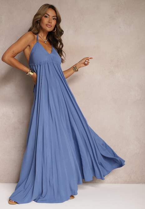 Niebieska Rozkloszowana Sukienka Bawełniana z Wiązaniem na Szyi Panethea