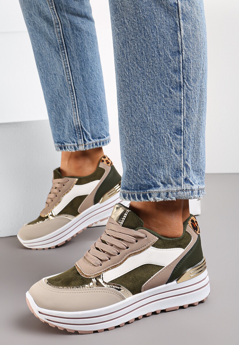 Zielone Sneakersy na Wysokiej Podeszwie z Błyszczącymi Wstawkami Lovana