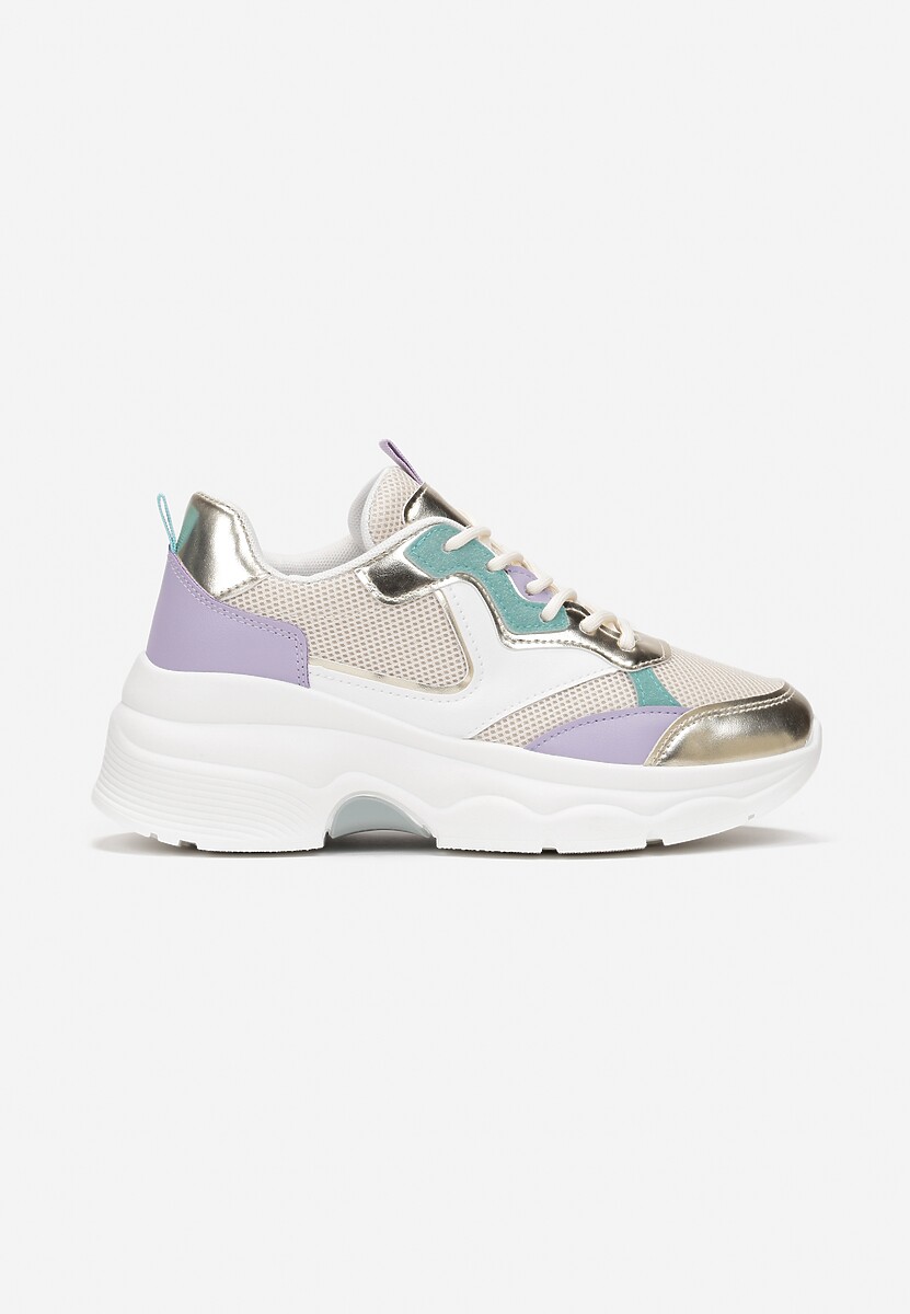 Beżowo-Złote Sneakersy na Grubej Podeszwie ze Wstawkami z Perforacją Lanya