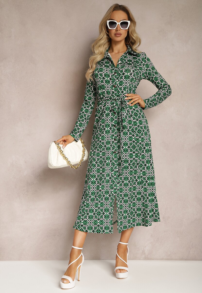 Zielona Sukienka Maxi o Taliowanym Kroju z Paskiem w Geometryczny Wzór Perani