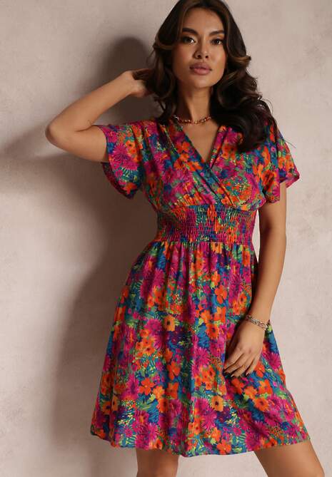 Różowo-Granatowa Krótka Sukienka w Kwiaty z Szeroką Gumką w Pasie Meles