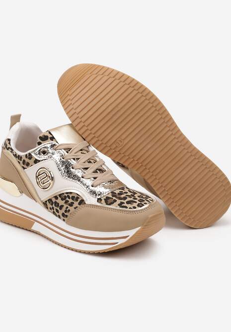 Ciemnobeżowe Sneakersy Ozdobione Wzorem w Panterkę z Metalicznymi Zdobieniami na Platformie Gonnella