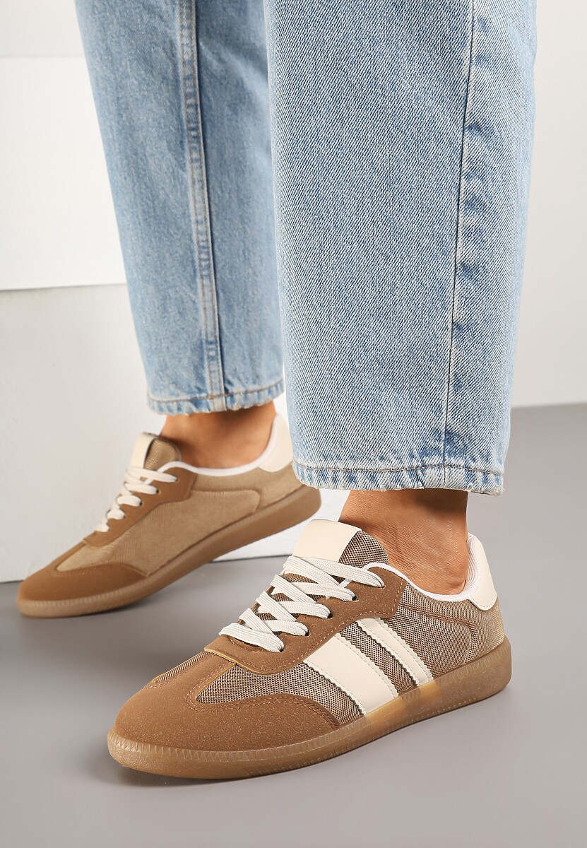 Ciemnobeżowe Sneakersy w Stylu Tenisówek Ozdobione Paskami Jenaniela