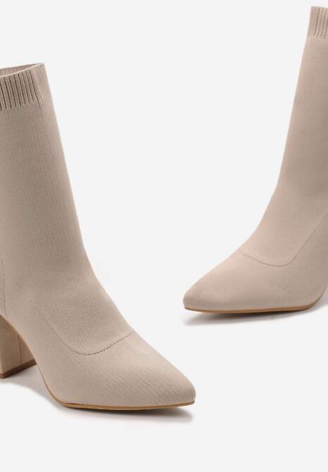 Beżowe Botki z Imitacji Skóry na Słupku z Cholewką w Skarpetkowym Stylu Tukarda