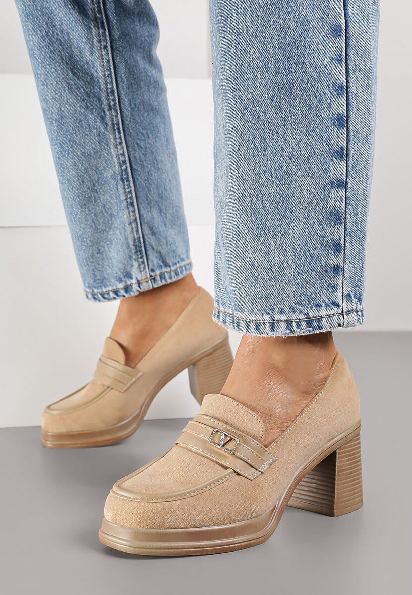 Ciemnobeżowe Półbuty w Stylu Mokasynów na Słupku z Klamerką Amledis