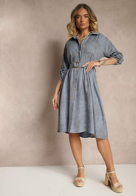 Niebieska Sukienka Koszulowa z Paskiem z Klamrą i Kieszonką Parmio