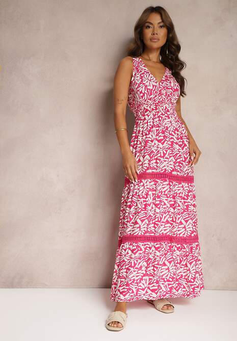 Fuksjowa Taliowana Sukienka z Bawełny na Ramiączkach z Gumką w Pasie Yalnena