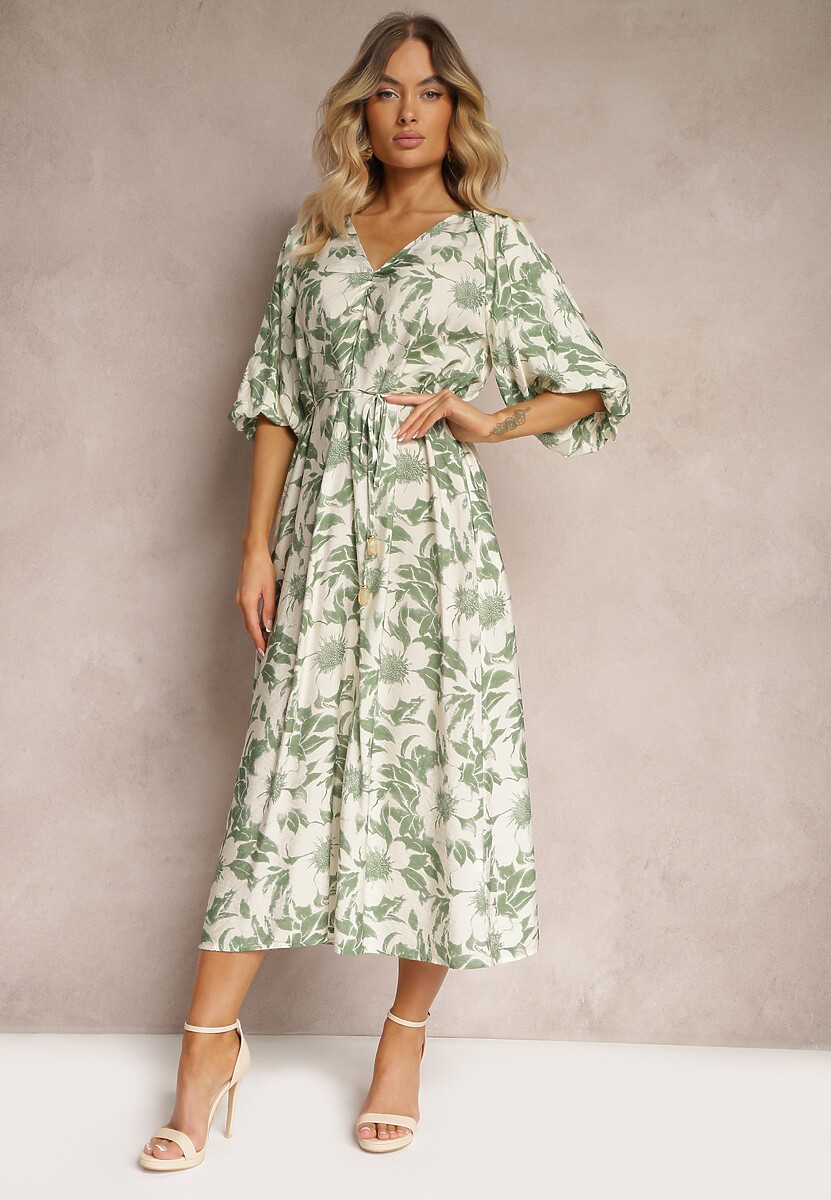 Zielono-Biała Wiskozowa Sukienka Wiązana w Talii z Ozdobnymi Rękawami Nanea