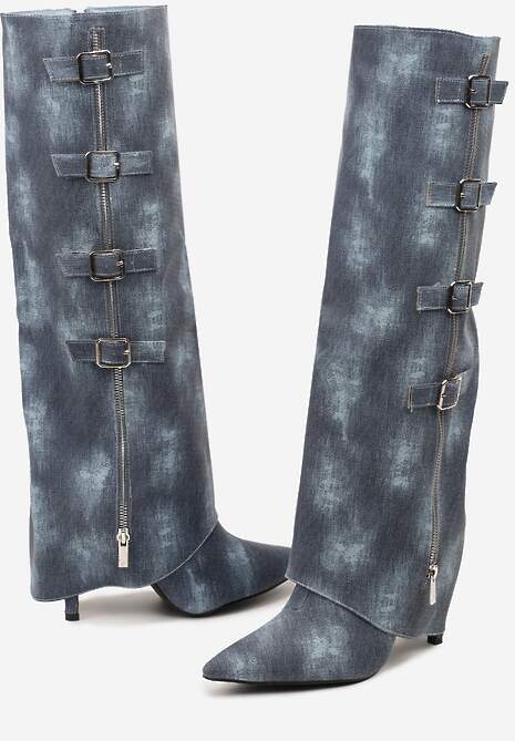 Niebieskie Kozaki Jeansowe na Szpilce z Klamrami na Wywiniętej Cholewce Riaviraen