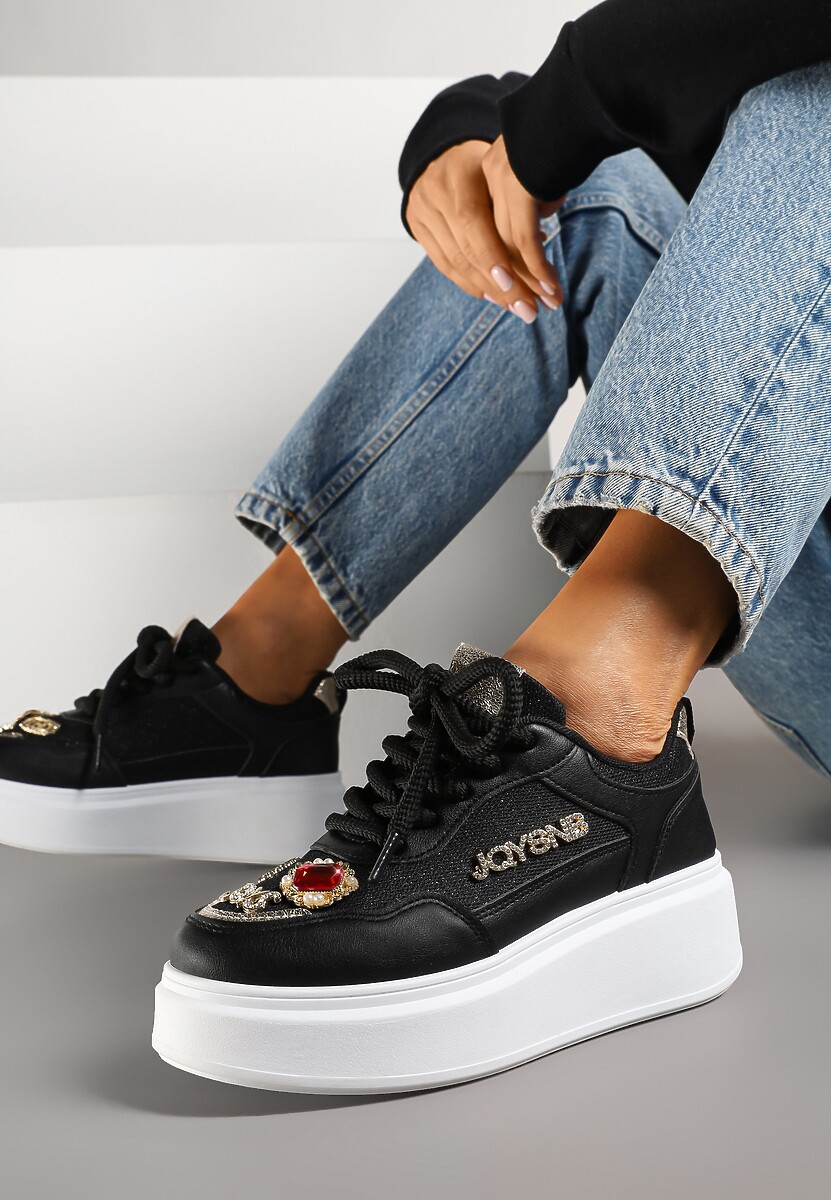 Beżowe Sneakersy na Grubej Podeszwie z Cyrkoniami i Brokatem Falissa