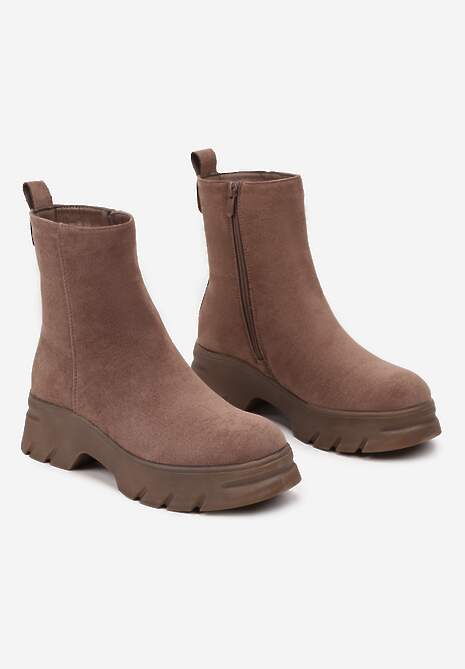 Ciemnobeżowe Casualowe Botki z Ekozamszu na Platformie Naolara