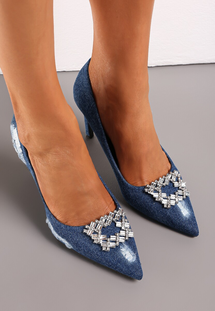 Granatowe Szpilki Jeansowe z Ozdobą w Cyrkonie Lalya