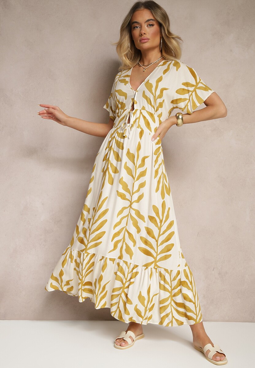 Żółta Wiskozowa Sukienka z Motywem Liści Verilin
