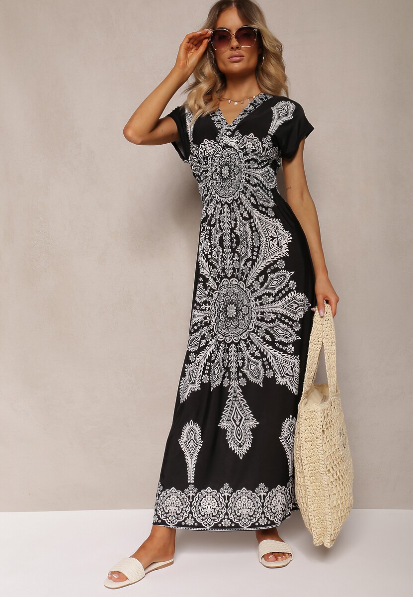Czarna Letnia Sukienka z Gumką w Pasie Kopertową Górą i Ornamentalnym Printem Avilepea