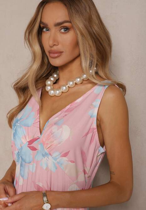 Różowa Plisowana Sukienka o Rozkloszowanym Fasonie na Szerokich Ramiączkach Nitanela