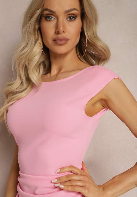 Różowa Sukienka Midi Bez Rękawów z Drapowaniem i Wycięciem na Plecach Blita