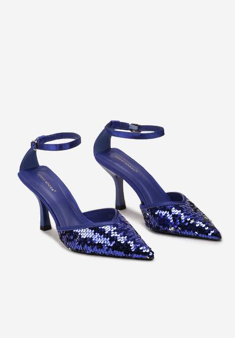 Granatowe Satynowe Czółenka na Klepsydrowej Szpilce Ozdobione Cekinami Asuniza