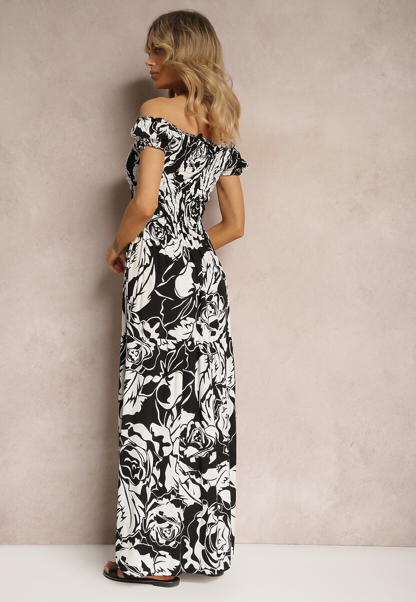 Czarno-Biała Wiskozowa Sukienka Typu Hiszpanka o Rozkloszowanym Kroju z Marszczoną Górą Fereri